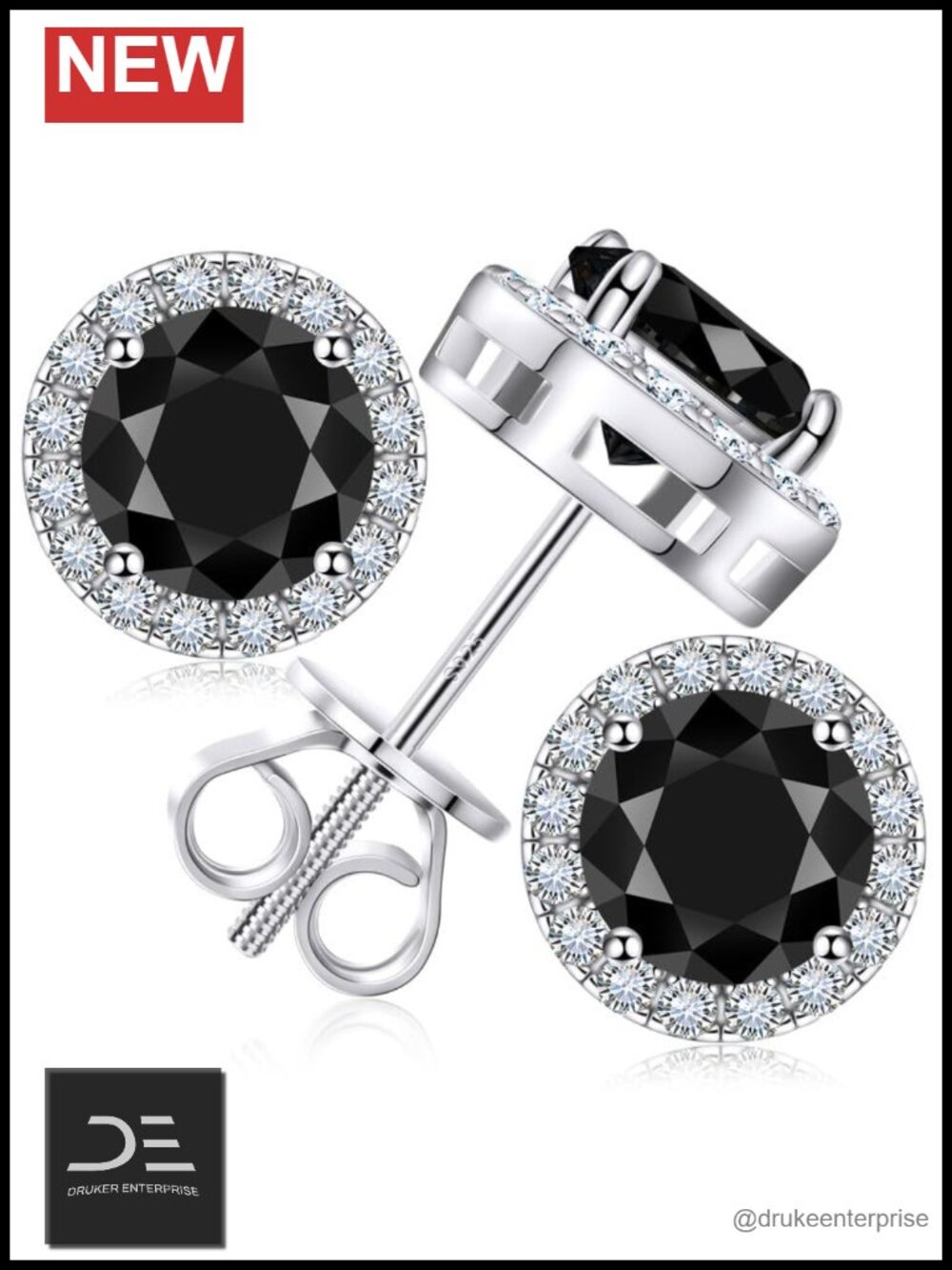 Moissanite Halo Stud Earrings Screw Back 18K White Gold Plated 925 Sterling